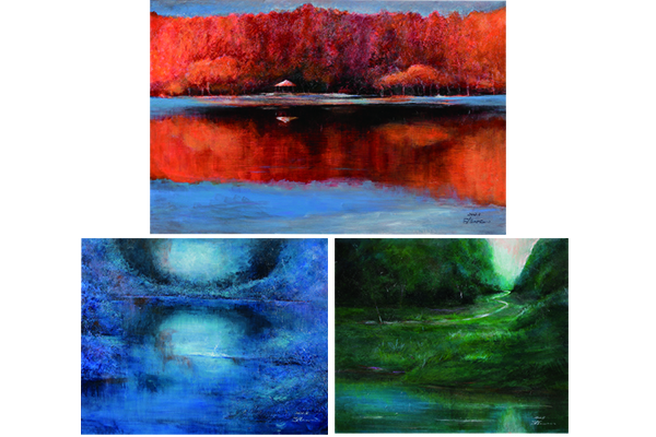 2022年4月　第70回記念 光陽展　廣瀬 茂人　（ﾋﾛｾ ｼｹﾞﾋﾄ）　池のあるパルコ（公園）三景（上:紅のパルコ,P80/左下:青のパルコ,P30/右下:深緑のパルコ,F20）　（水）　F120